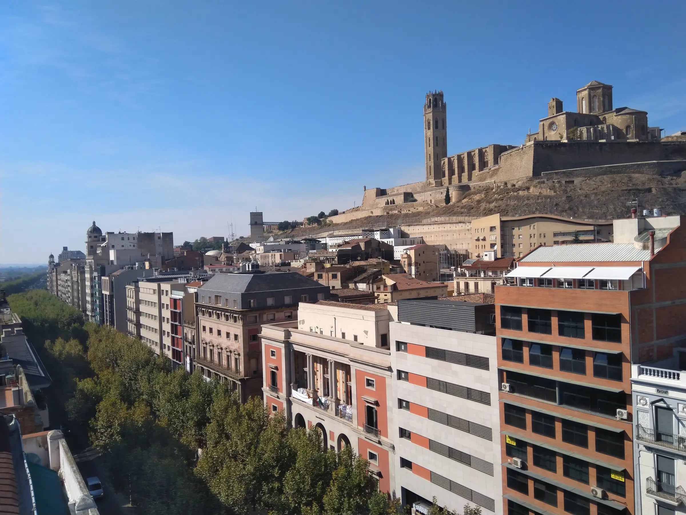 lleida's rambla ferran with the old cathedral crowning the hill behind it.